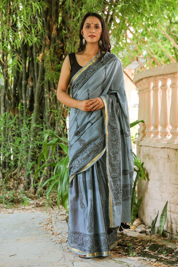 Women's Tint Grey Hand Block Butta Print Mul Cotton Saree with Blouse Piece - Baisacrafts - Indiakreations