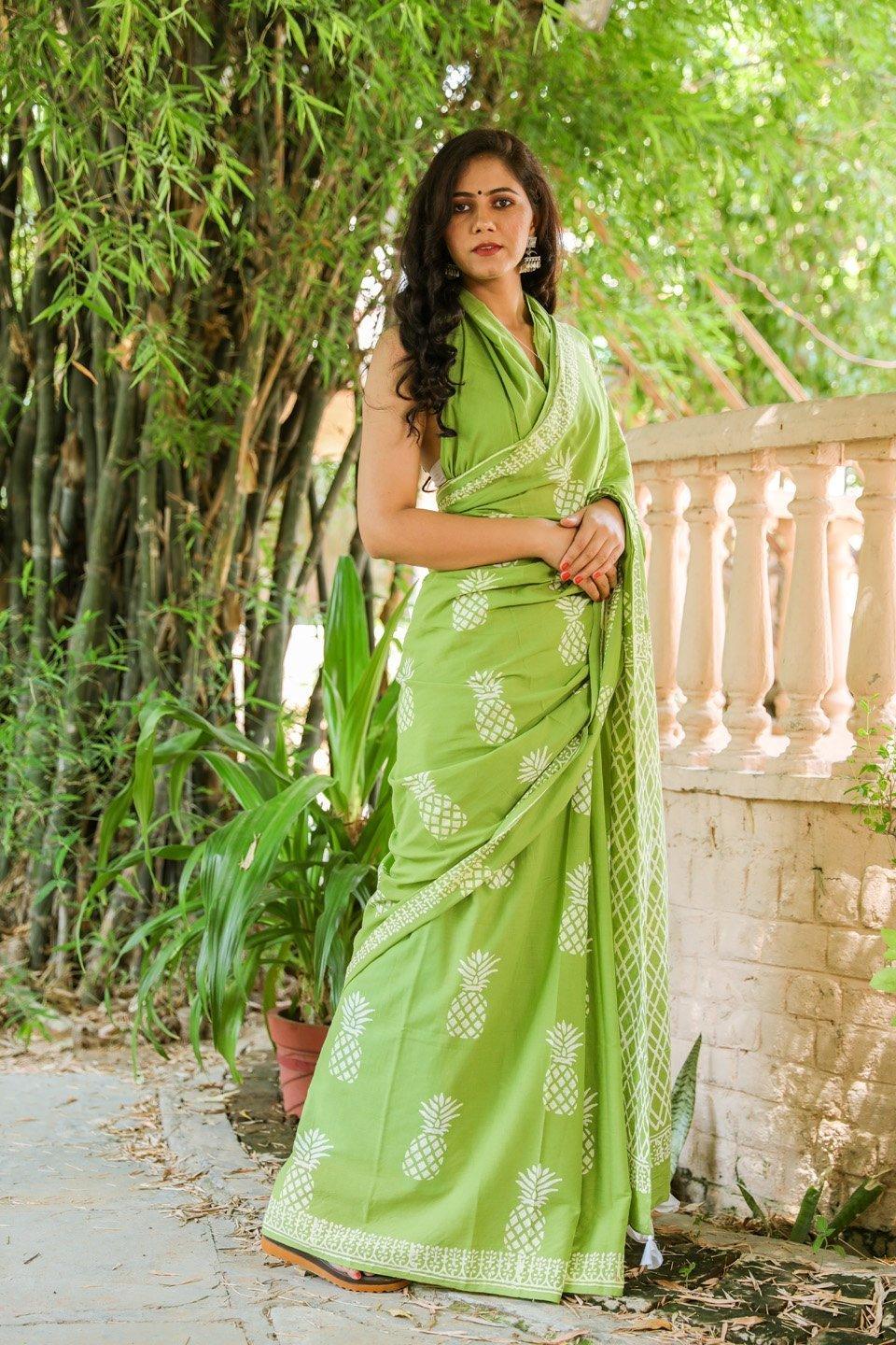 Women's Mint Green Hand Block Print Mul Saree with Blouse Piece - Baisacrafts - Indiakreations