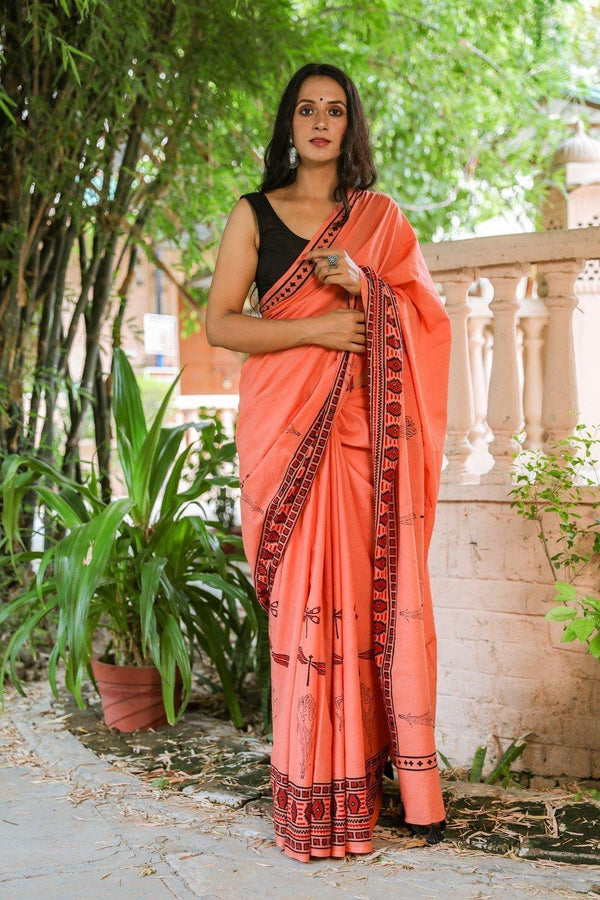 Women's Orange Dragon Hand Block Print Mul Saree with Blouse Piece - Baisacrafts - Indiakreations