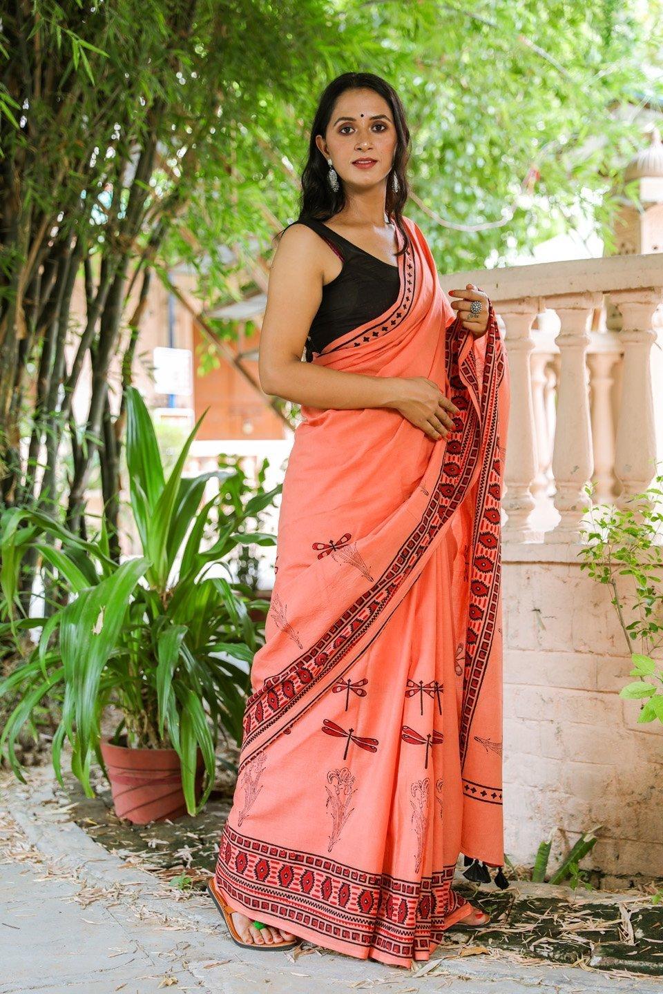 Women's Orange Dragon Hand Block Print Mul Saree with Blouse Piece - Baisacrafts - Indiakreations