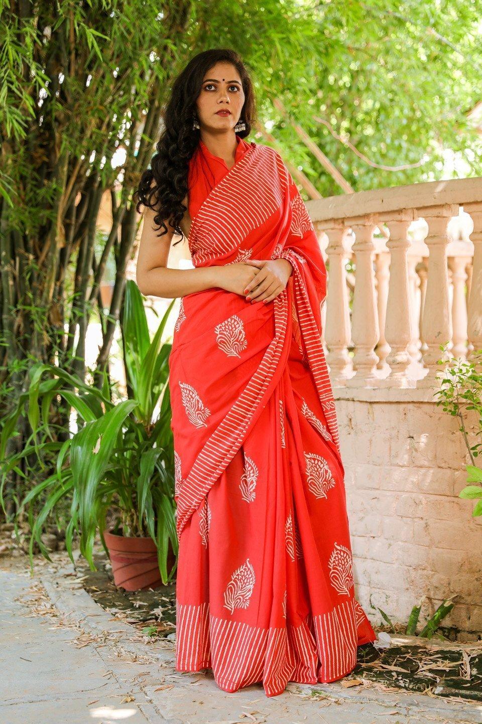 Women's Red Hand Block Butta Print Mul Saree with Blouse Piece - Baisacrafts - Indiakreations