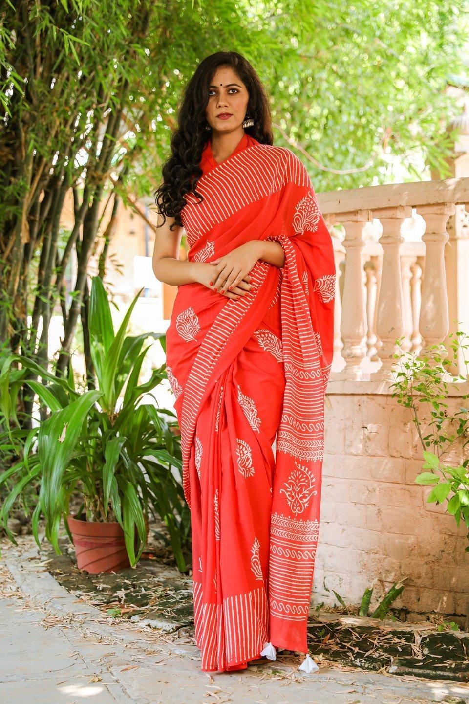 Women's Red Hand Block Butta Print Mul Saree with Blouse Piece - Baisacrafts - Indiakreations