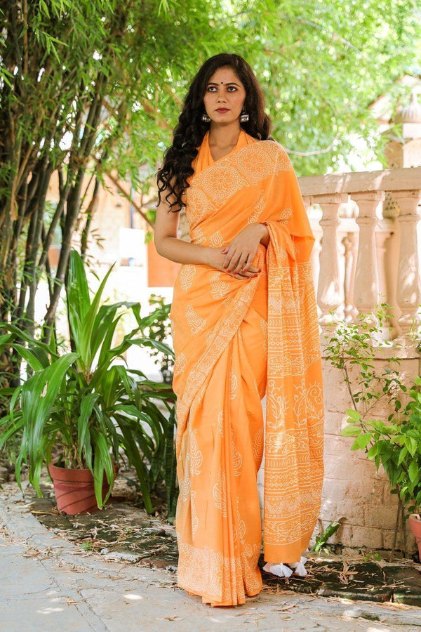 Women's Tint Orange Hand Block Butta Print Mul Saree with Blouse Piece - Baisacrafts - Indiakreations