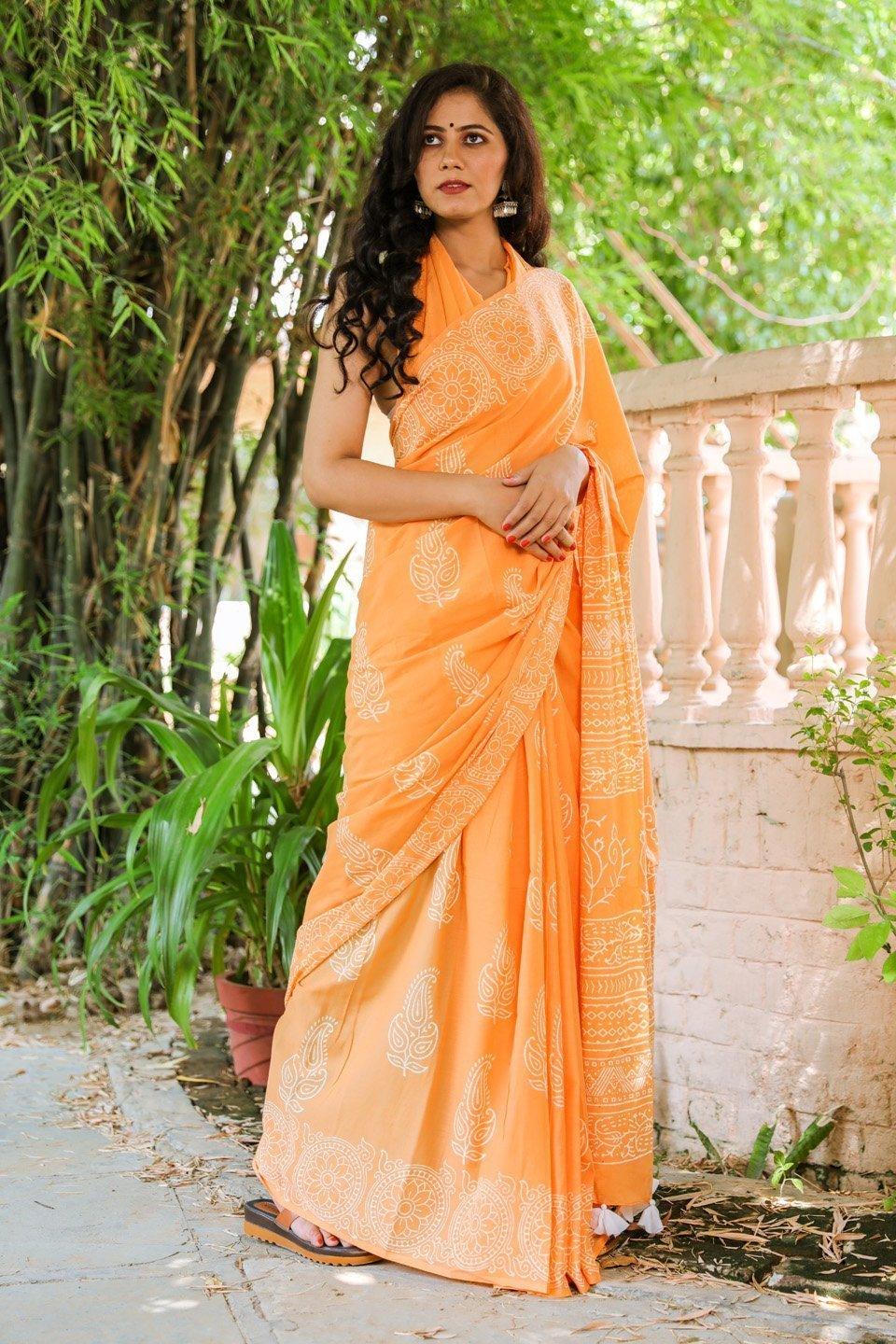 Women's Tint Orange Hand Block Butta Print Mul Saree with Blouse Piece - Baisacrafts - Indiakreations