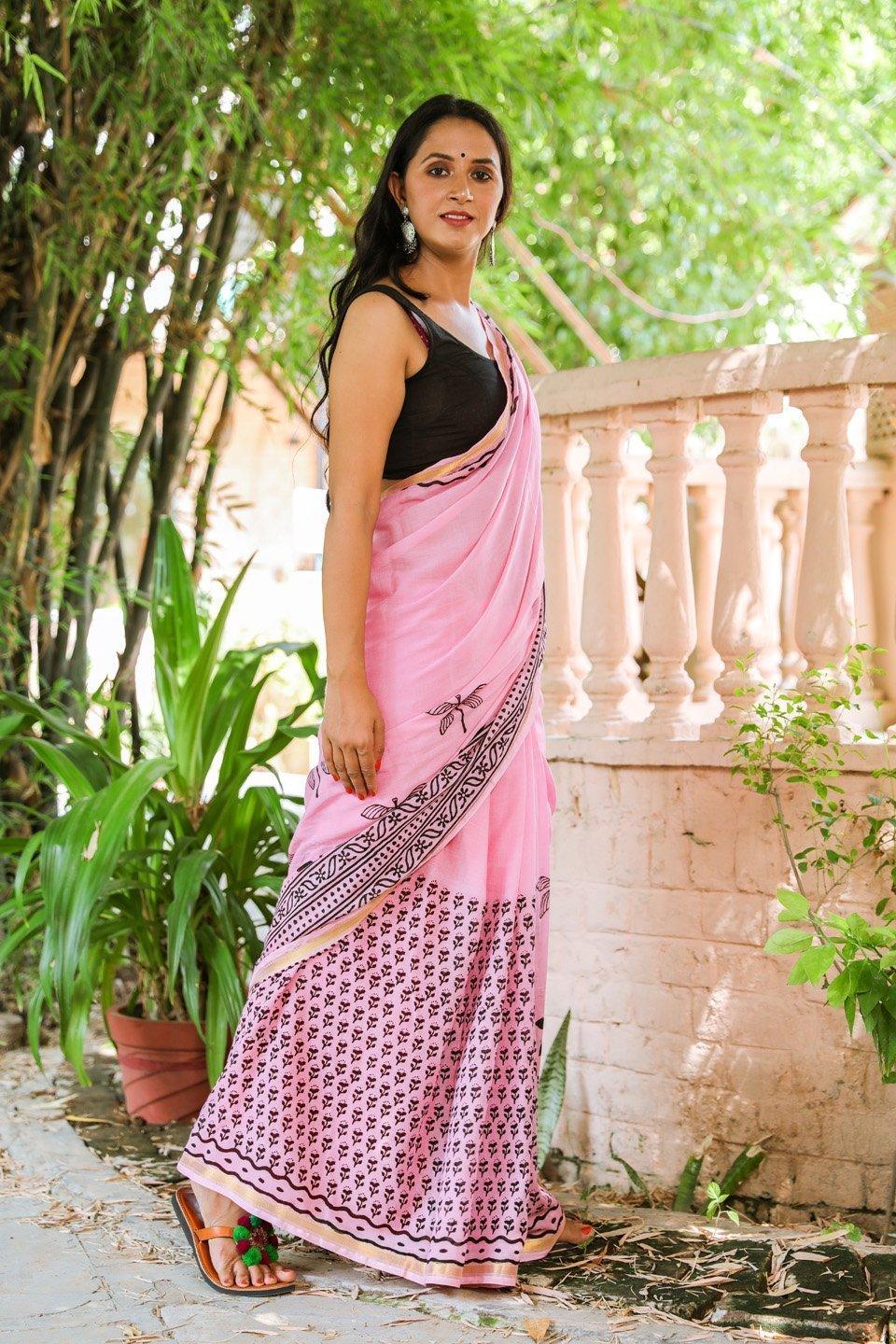 Women's Baby Pink Hand Block Butti Print Mul Saree with Blouse Piece - Baisacrafts - Indiakreations