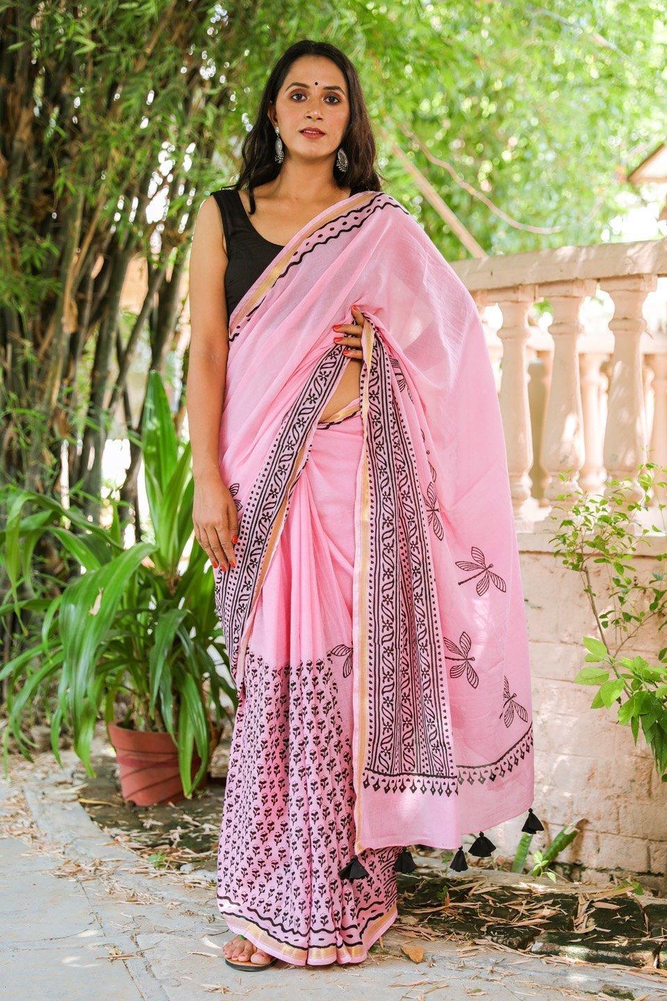 Women's Baby Pink Hand Block Butti Print Mul Saree with Blouse Piece - Baisacrafts - Indiakreations