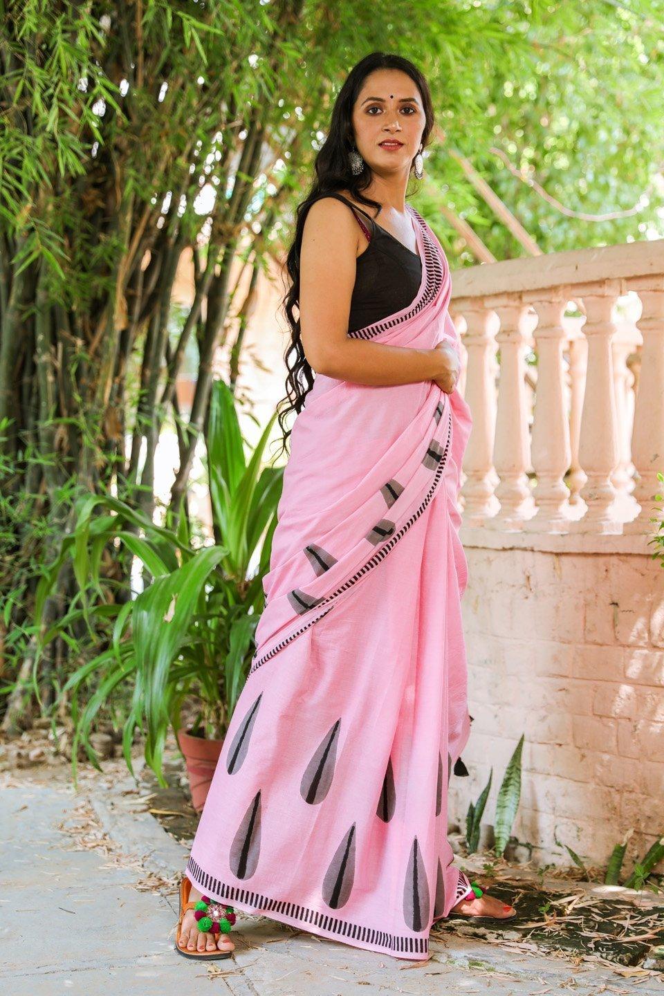 Women's Baby Pink Pasely Block Butta Print Mul Saree with Blouse Piece - Baisacrafts - Indiakreations