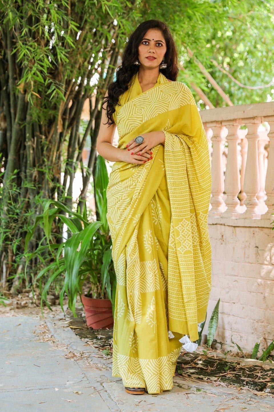 Women's Yellow Hand Block Butta Print Mul Saree with Blouse Piece - Baisacrafts - Indiakreations