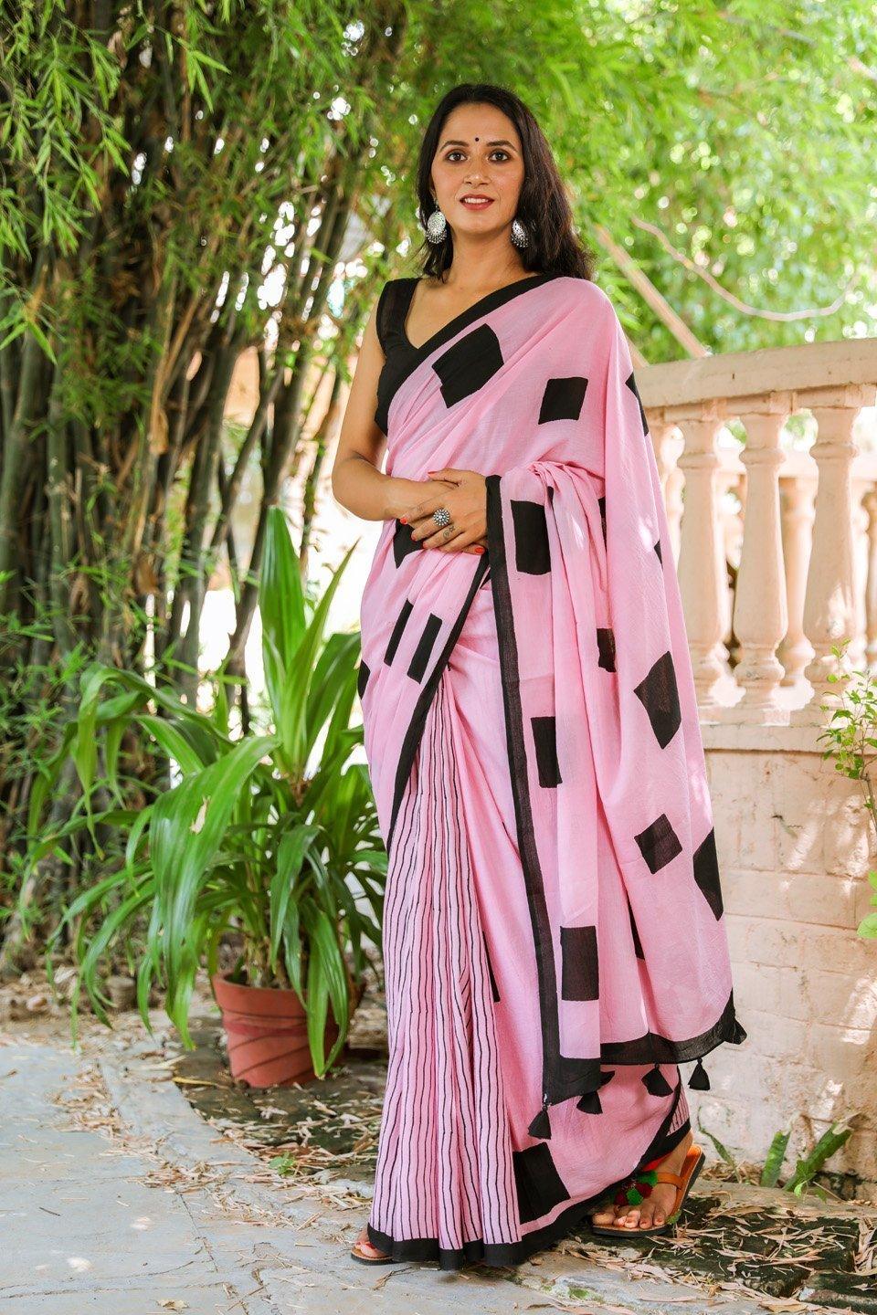 Women's Baby Pink Half Half Hand Block Print Mul Saree with Blouse Piece - Baisacrafts - Indiakreations