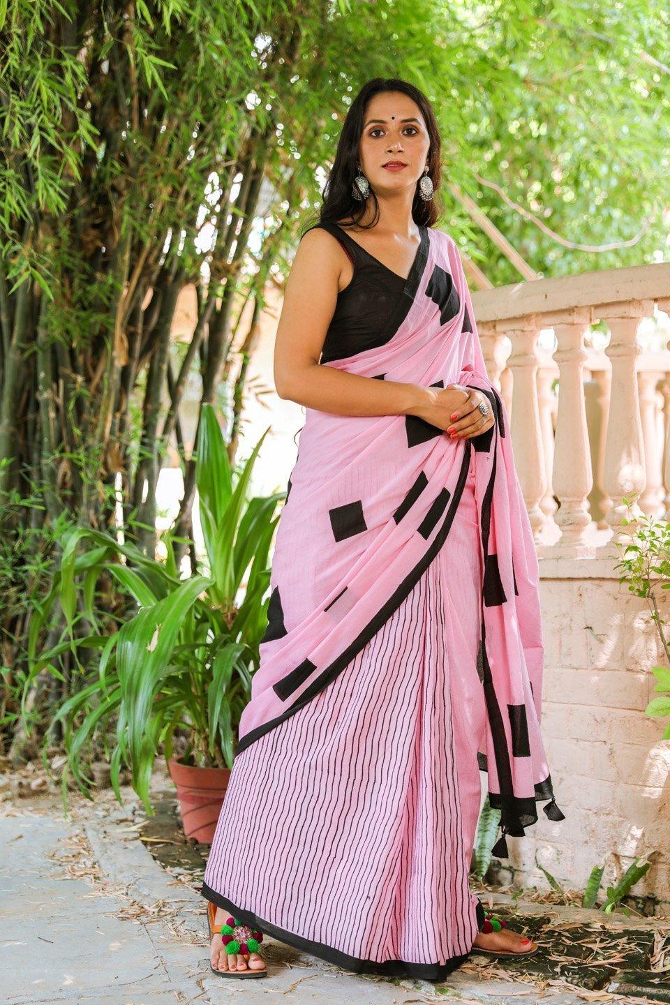 Women's Baby Pink Half Half Hand Block Print Mul Saree with Blouse Piece - Baisacrafts - Indiakreations