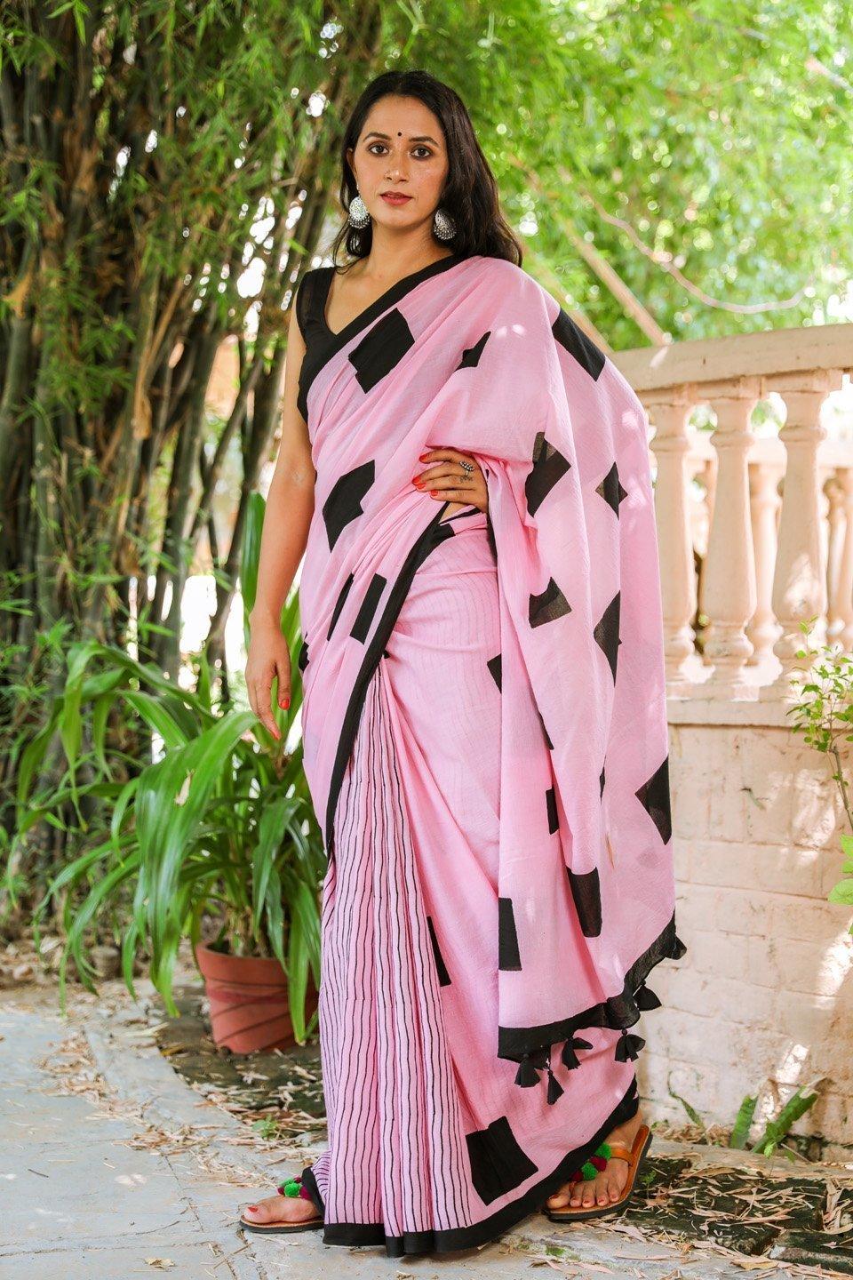 Women's Baby Pink Half Half Hand Block Print Mul Saree with Blouse Piece - Baisacrafts - Indiakreations