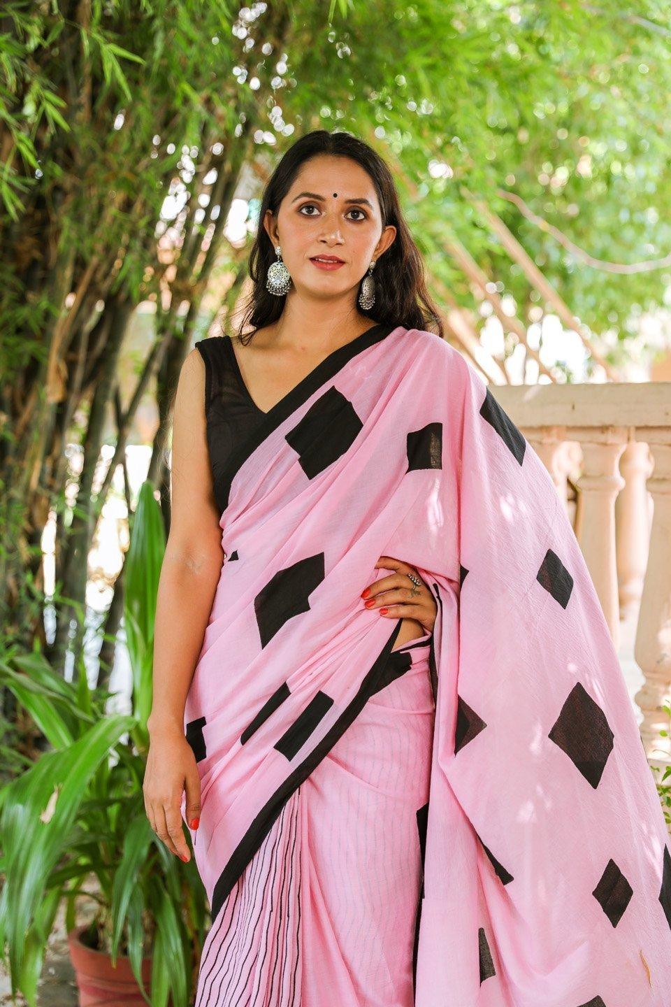 Women's Baby Pink Half Half Hand Block Print Mul Saree with Blouse Piece - Baisacrafts - Indiakreations