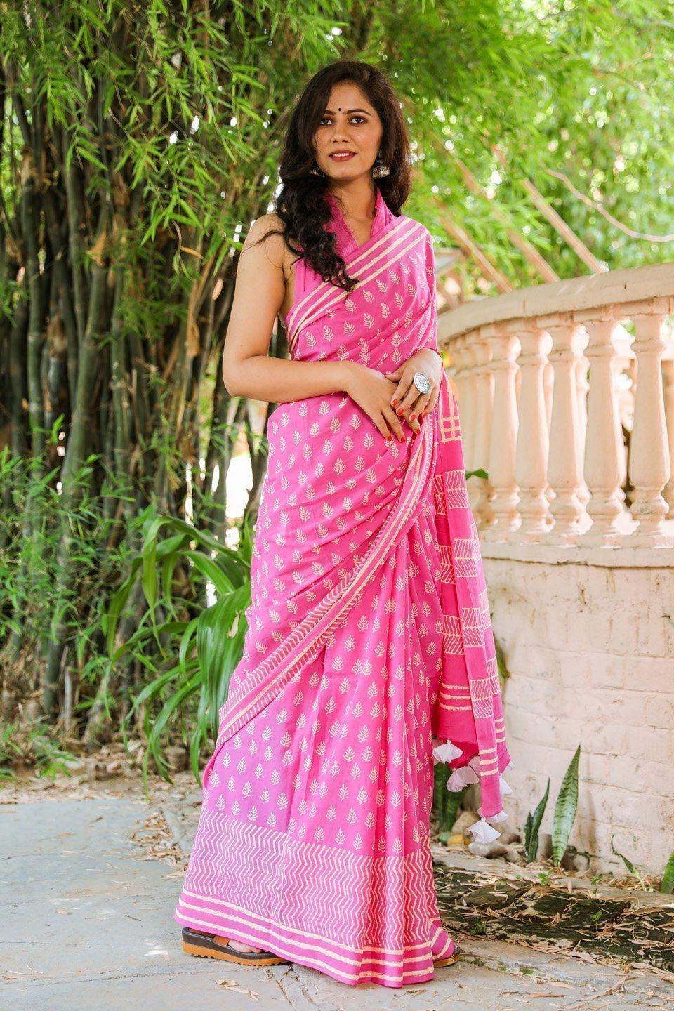 Women's Pink Hand block Butti Print Mul Saree with Blouse Piece - Baisacrafts - Indiakreations