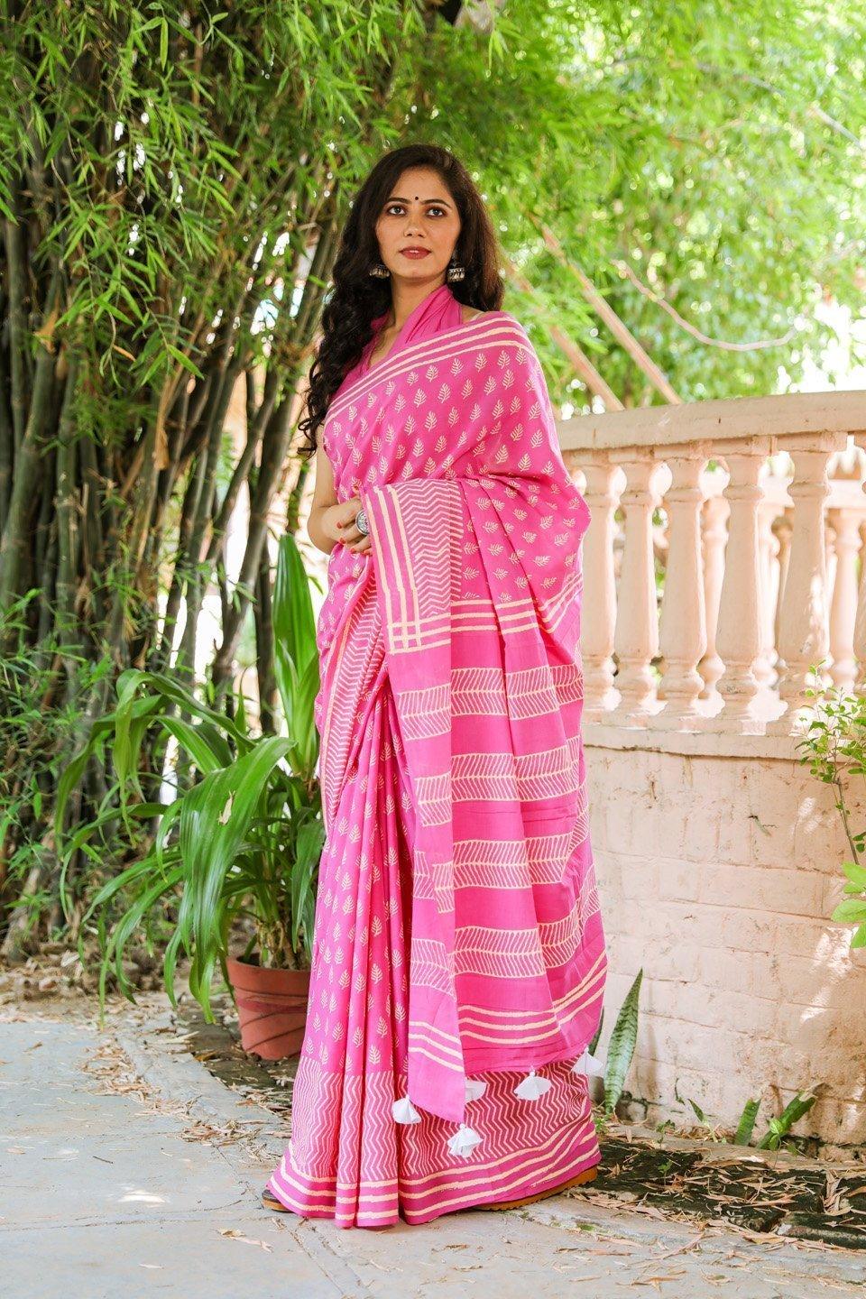 Women's Pink Hand block Butti Print Mul Saree with Blouse Piece - Baisacrafts - Indiakreations