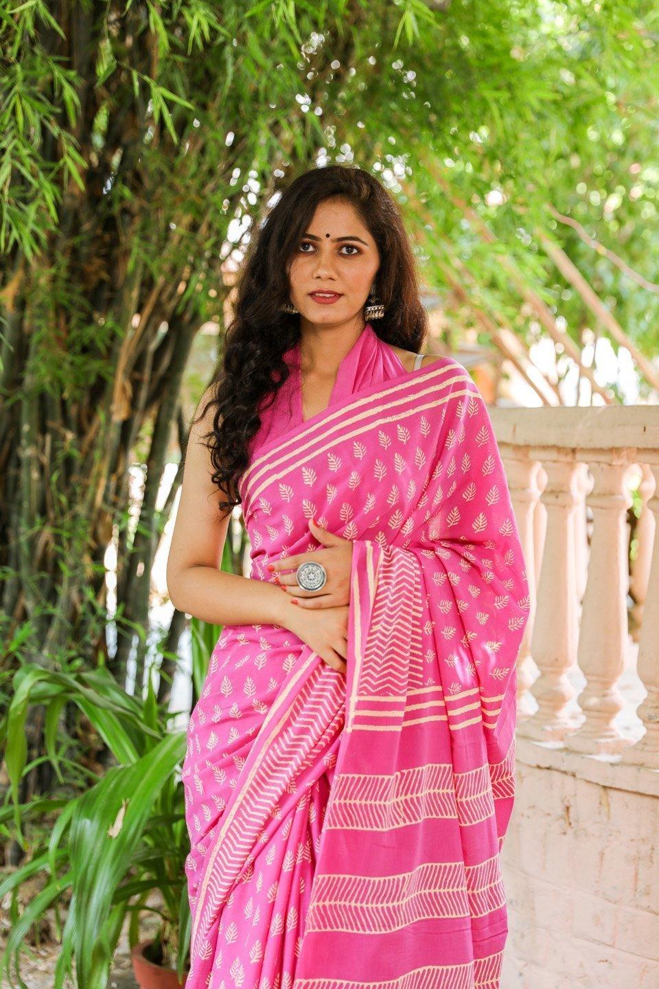 Women's Pink Hand block Butti Print Mul Saree with Blouse Piece - Baisacrafts - Indiakreations