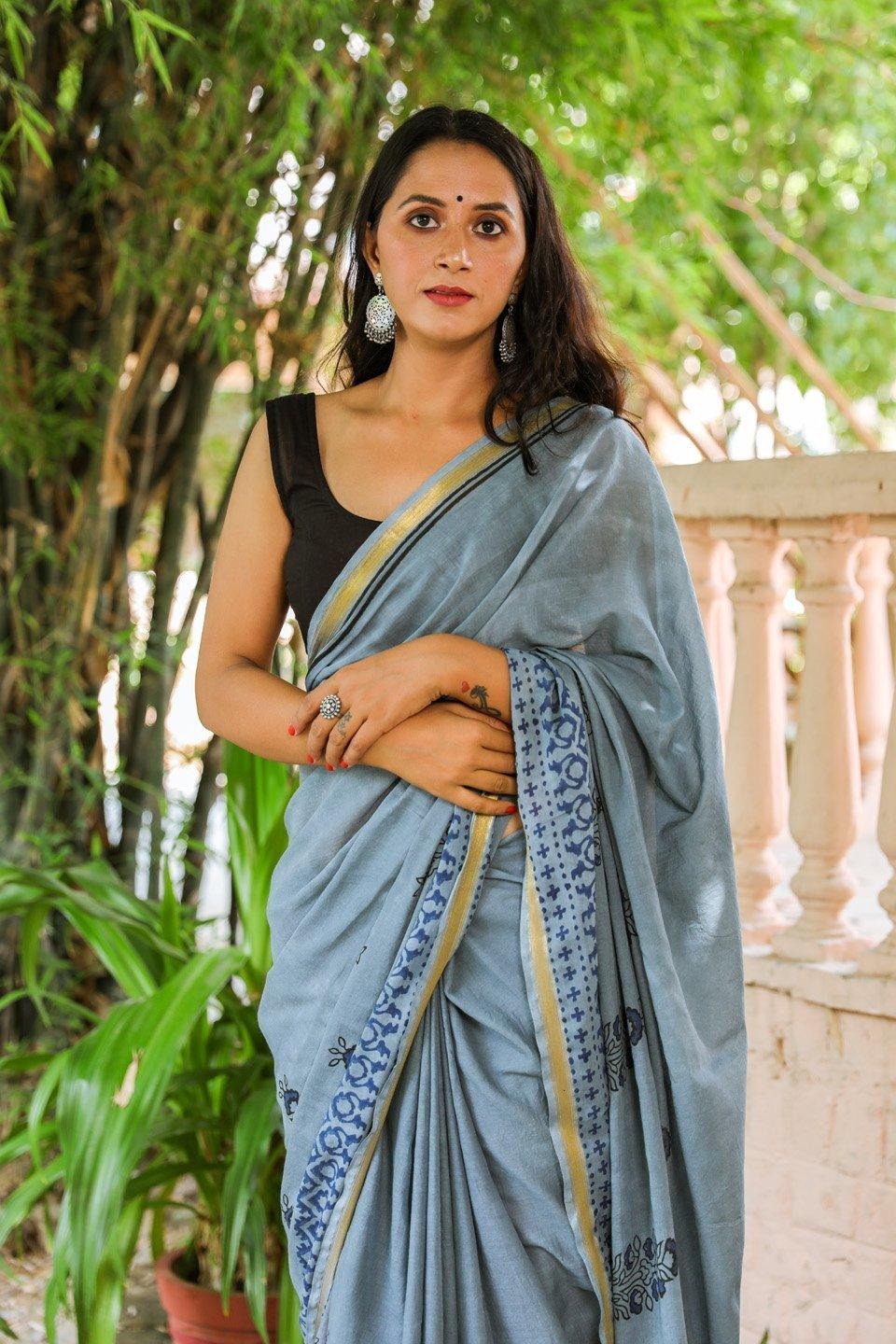 Women's Grey Mugal Hand Block Butta Print Mul Saree with Blouse Piece - Baisacrafts - Indiakreations