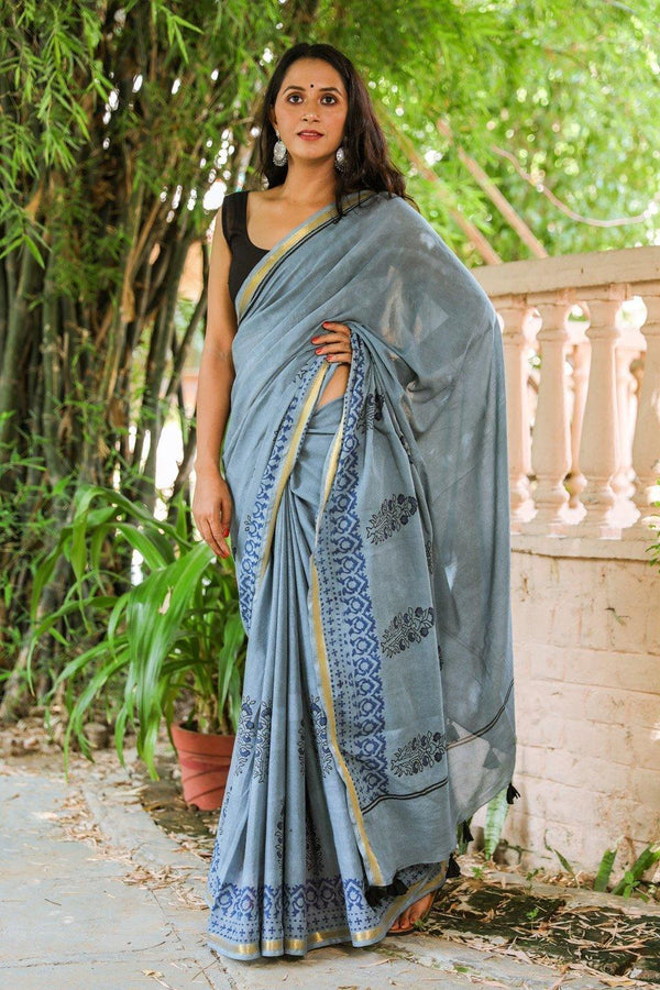 Women's Grey Mugal Hand Block Butta Print Mul Saree with Blouse Piece - Baisacrafts - Indiakreations