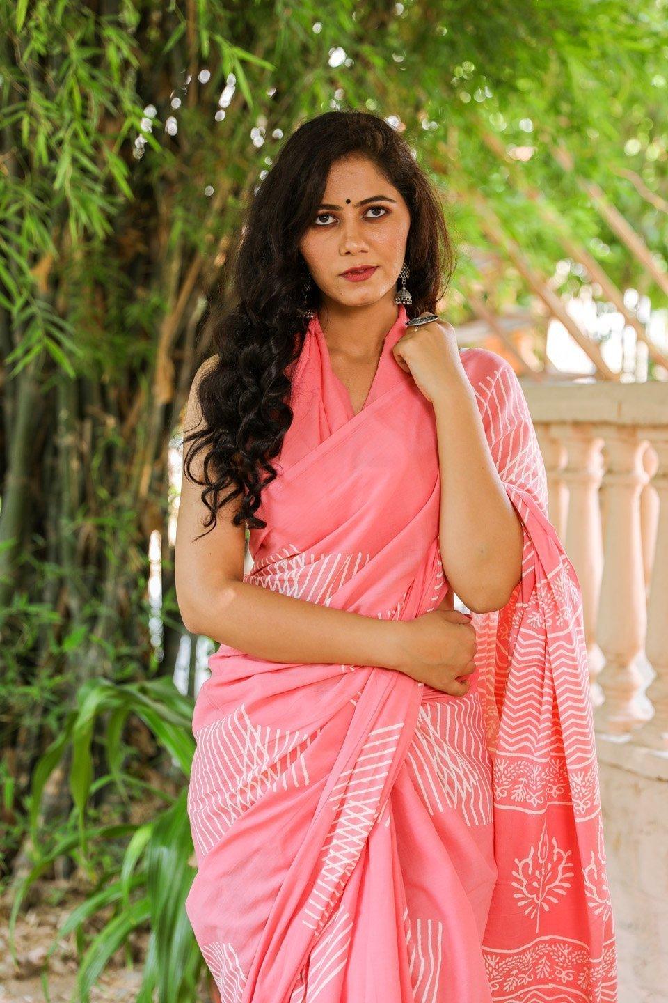 Women's Pink Hand Block Butta Print Mul Saree with Blouse Piece - Baisacrafts - Indiakreations