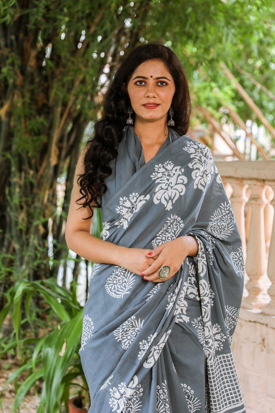 Women's Grey & White Hand Block Print Mul Saree with Blouse Piece - Baisacrafts - Indiakreations