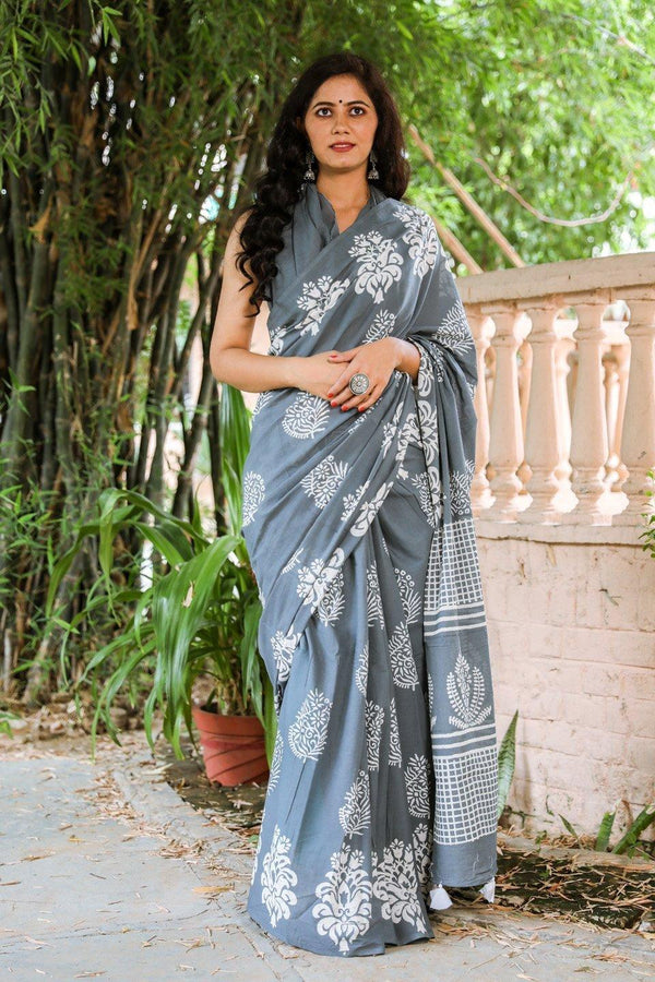 Women's Grey & White Hand Block Print Mul Saree with Blouse Piece - Baisacrafts - Indiakreations