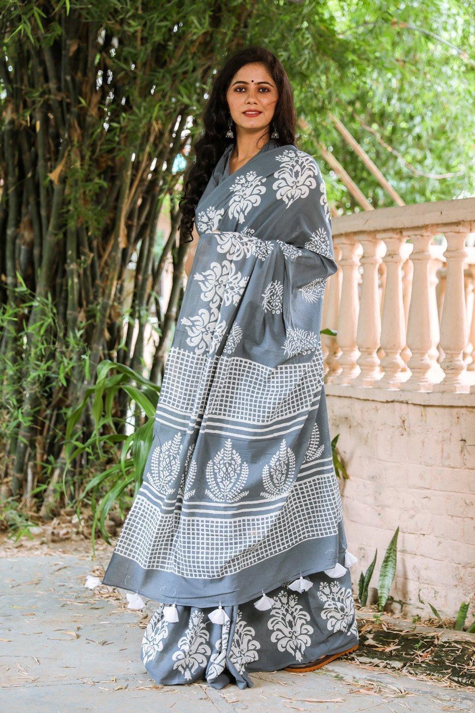 Women's Grey & White Hand Block Print Mul Saree with Blouse Piece - Baisacrafts - Indiakreations