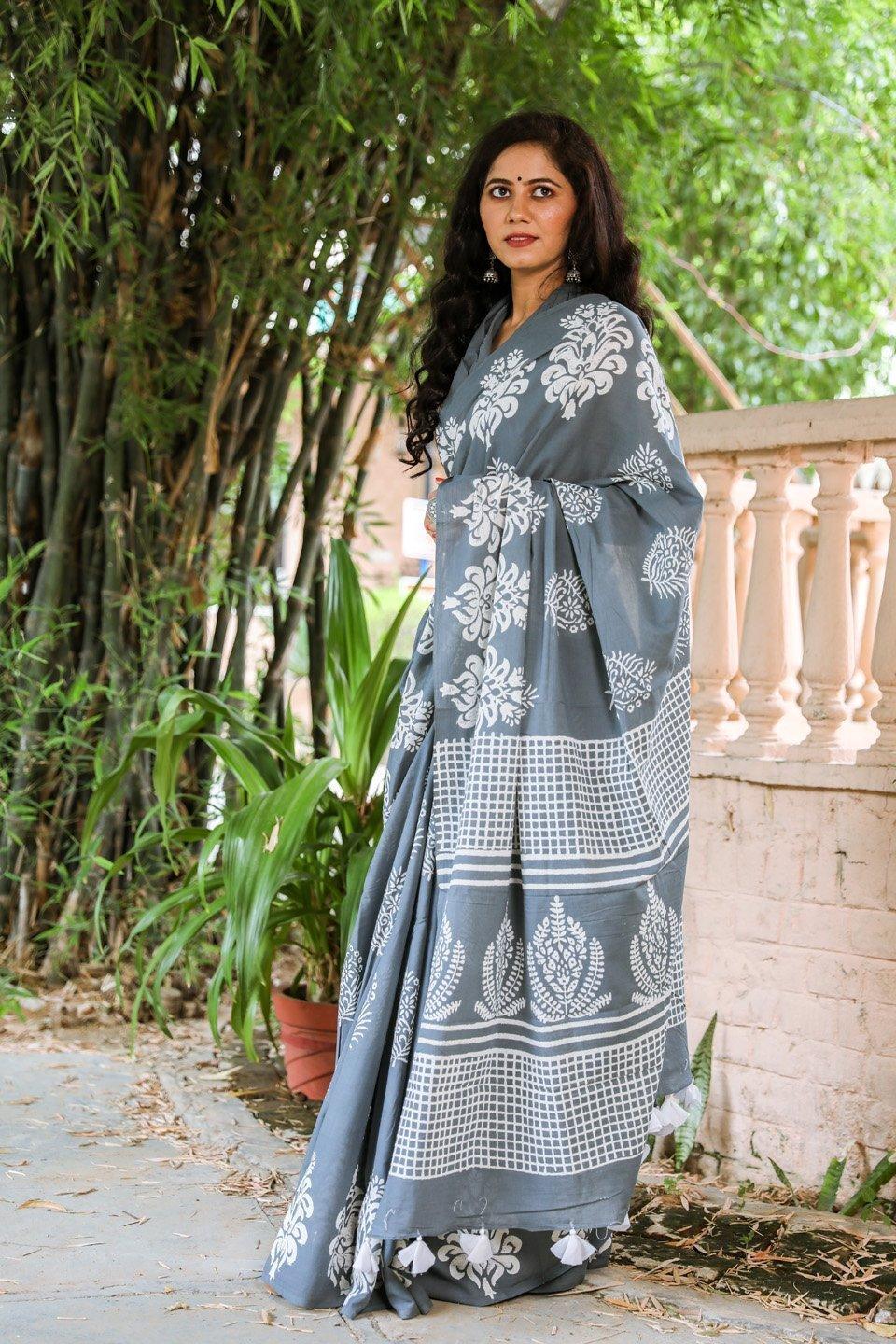 Women's Grey & White Hand Block Print Mul Saree with Blouse Piece - Baisacrafts - Indiakreations