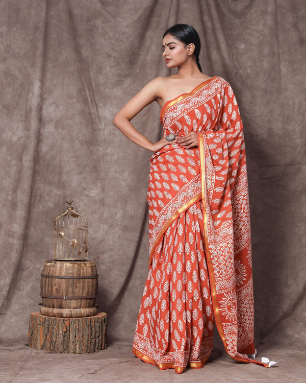 Women's Kamala Handblock Cotton Zari Border Saree with Blouse Piece - Baisacrafts - Indiakreations