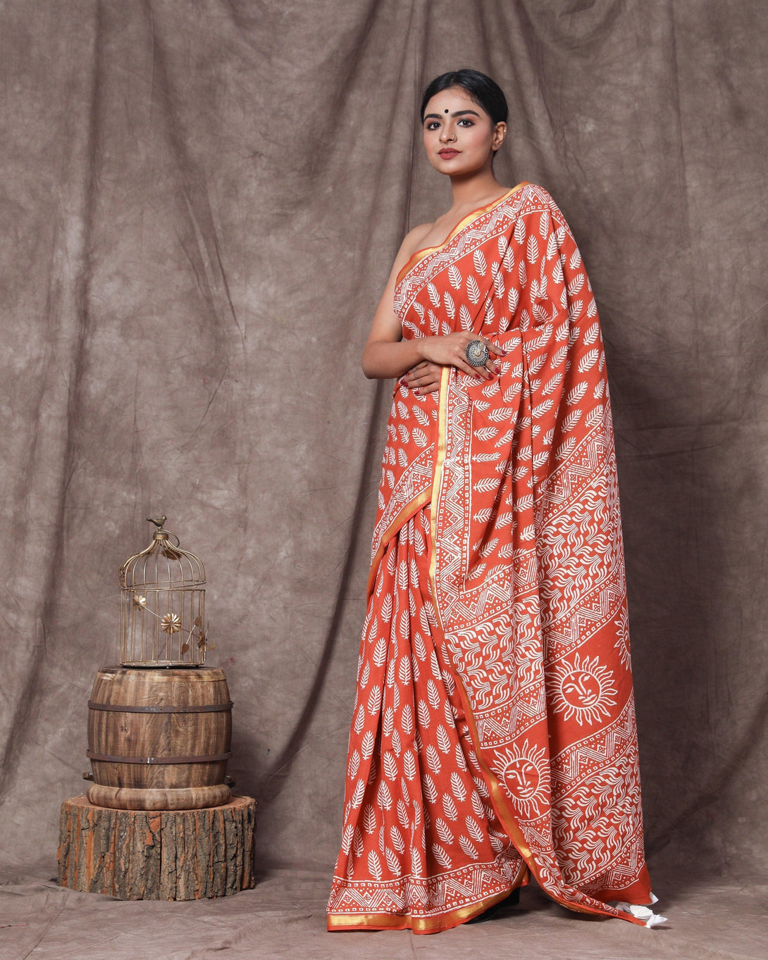 Women's Kamala Handblock Cotton Zari Border Saree with Blouse Piece - Baisacrafts - Indiakreations