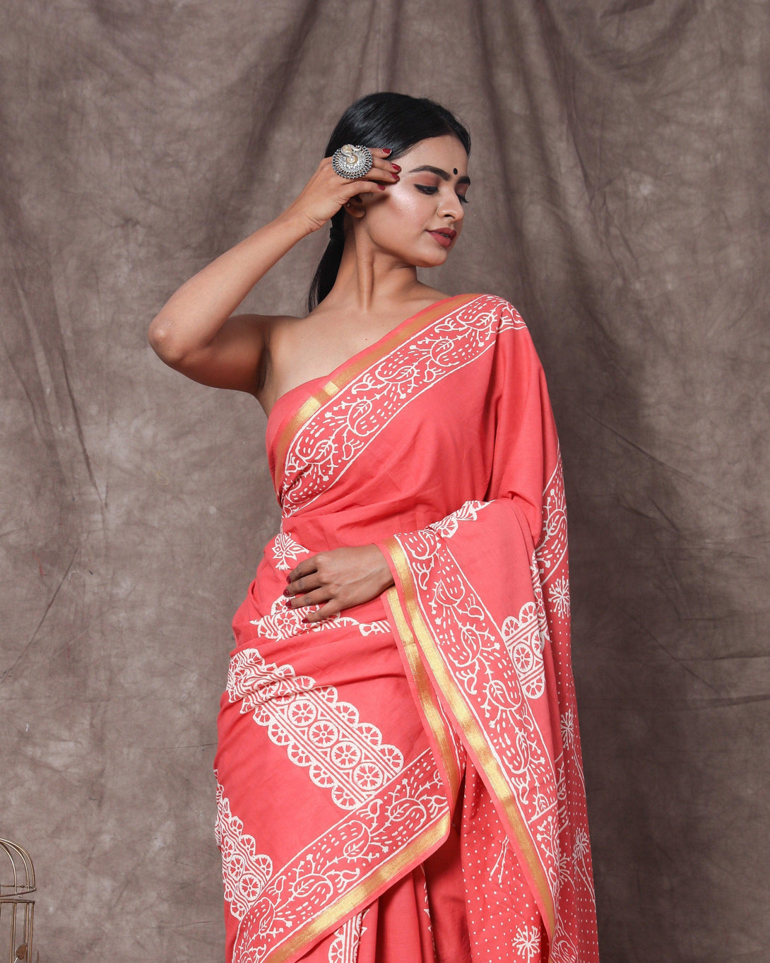 Women's Nancy Handblock Cotton Zari Border Saree with Blouse Piece - Baisacrafts - Indiakreations