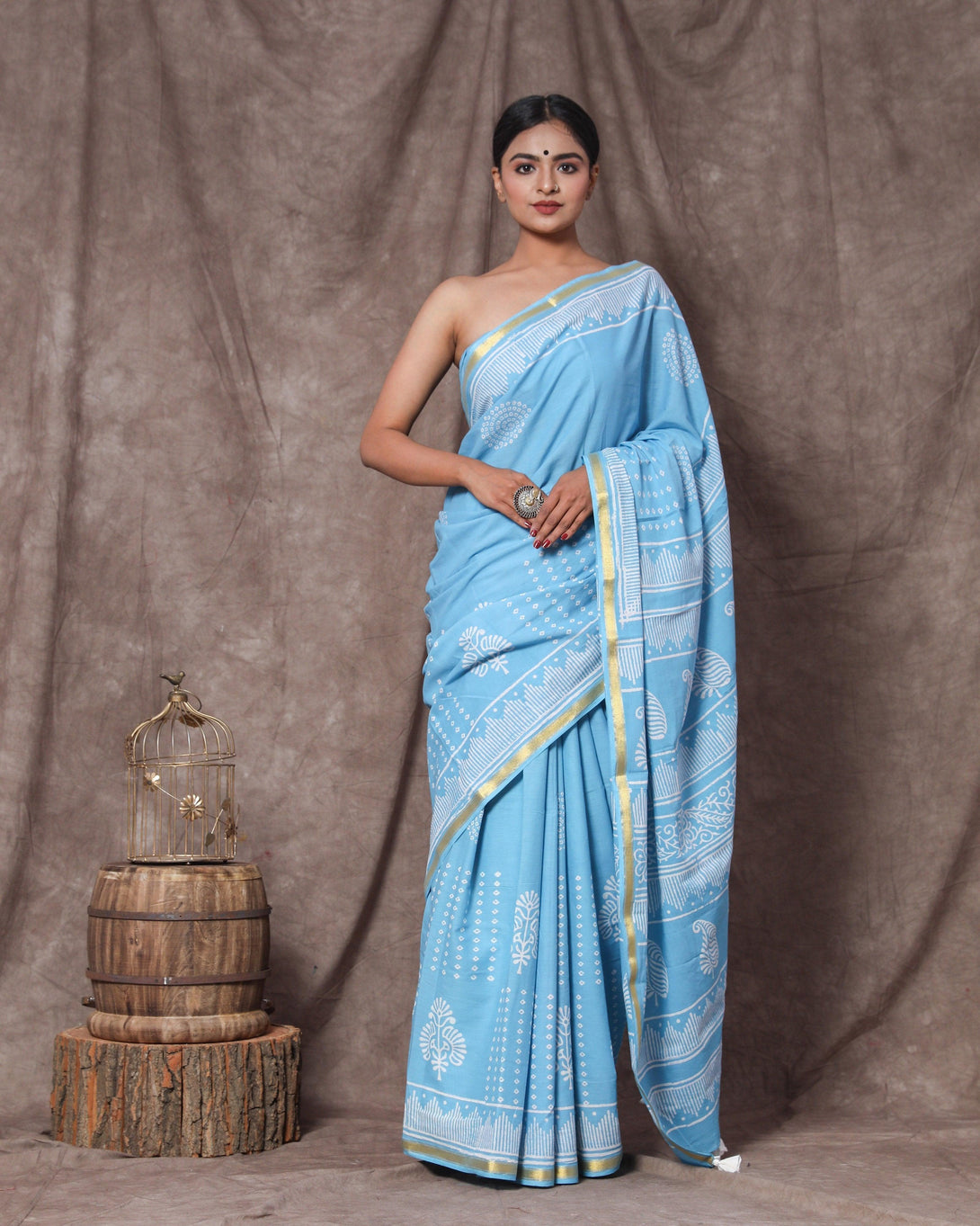 Women's Susan Handblock Cotton Zari Border Saree with Blouse Piece - Baisacrafts - Indiakreations