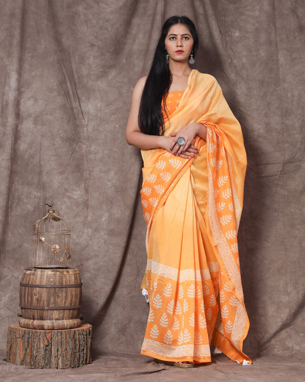 Women's Juliet Handblock Cotton Zari Border Saree with Blouse Piece - Baisacrafts - Indiakreations