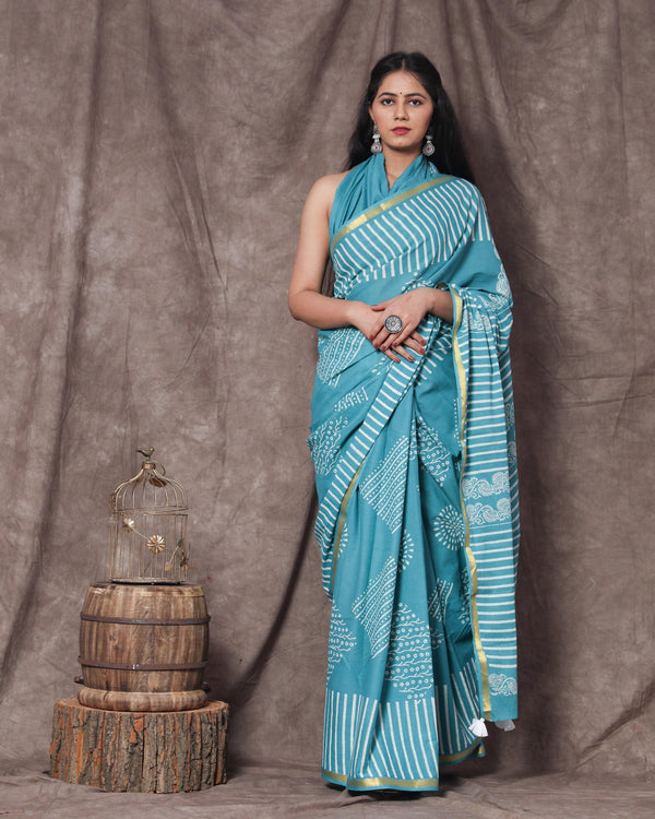 Women's Kristalina Handblock Cotton Zari Border Saree with Blouse Piece - Baisacrafts - Indiakreations