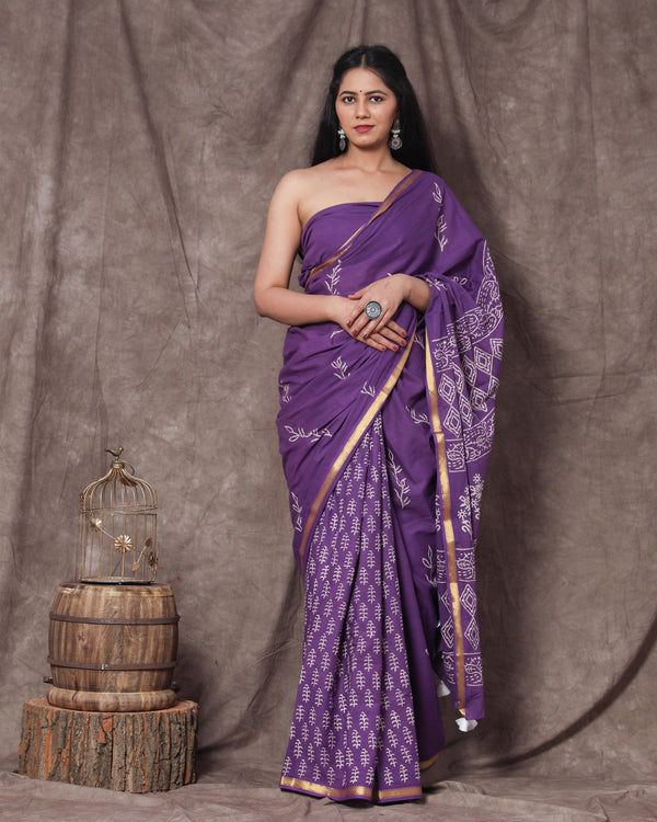 Women's Amanda Handblock Cotton Zari Border Saree with Blouse Piece - Baisacrafts - Indiakreations