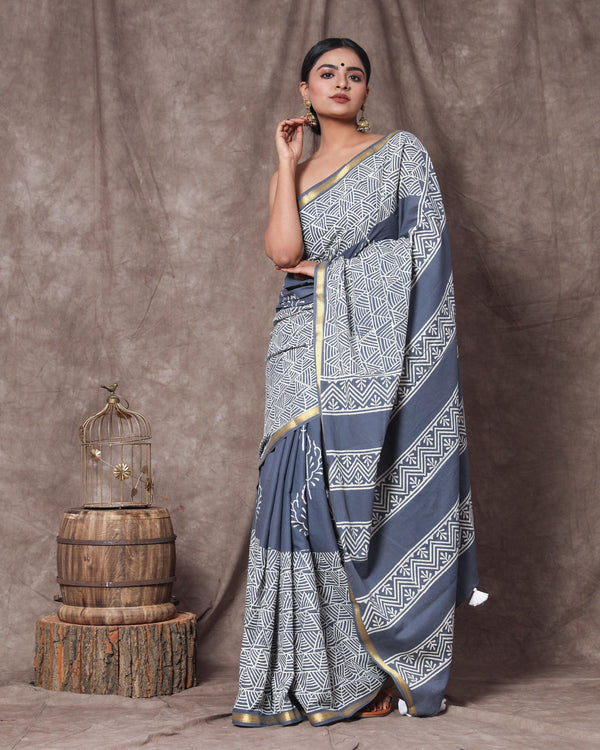 Women's Martin Handblock Cotton Zari Border Saree with Blouse Piece - Baisacrafts - Indiakreations