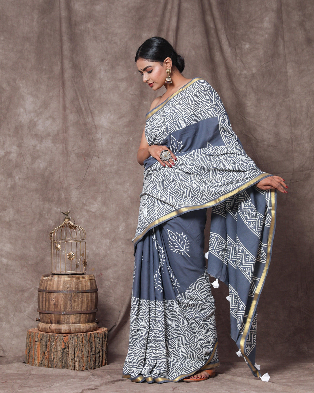 Women's Martin Handblock Cotton Zari Border Saree with Blouse Piece - Baisacrafts - Indiakreations