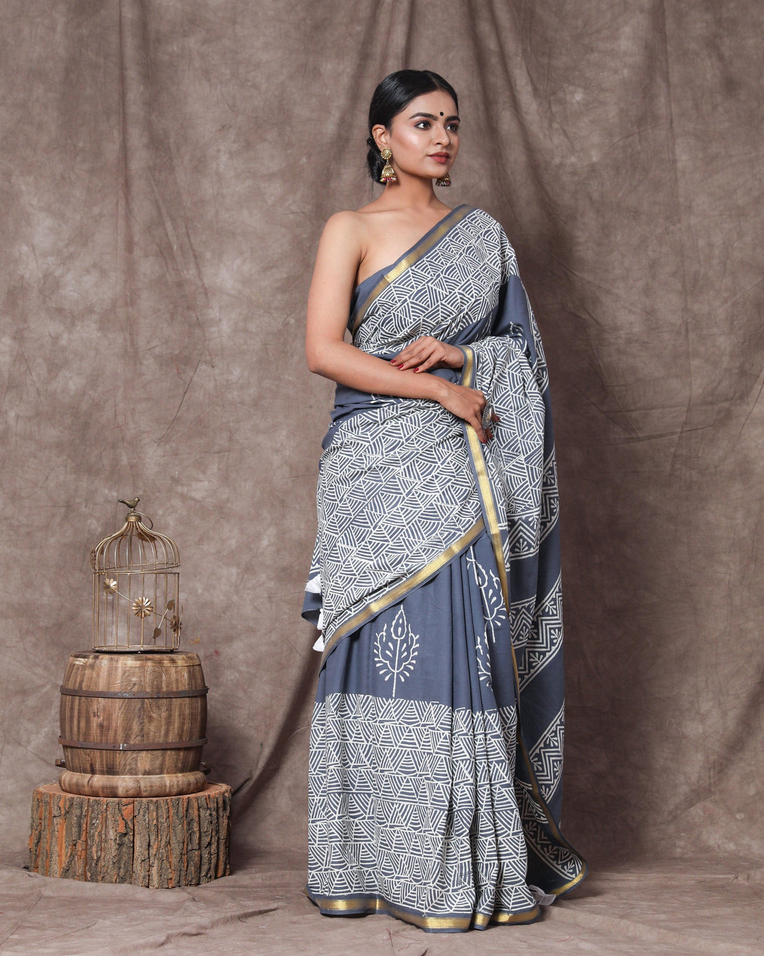 Women's Martin Handblock Cotton Zari Border Saree with Blouse Piece - Baisacrafts - Indiakreations