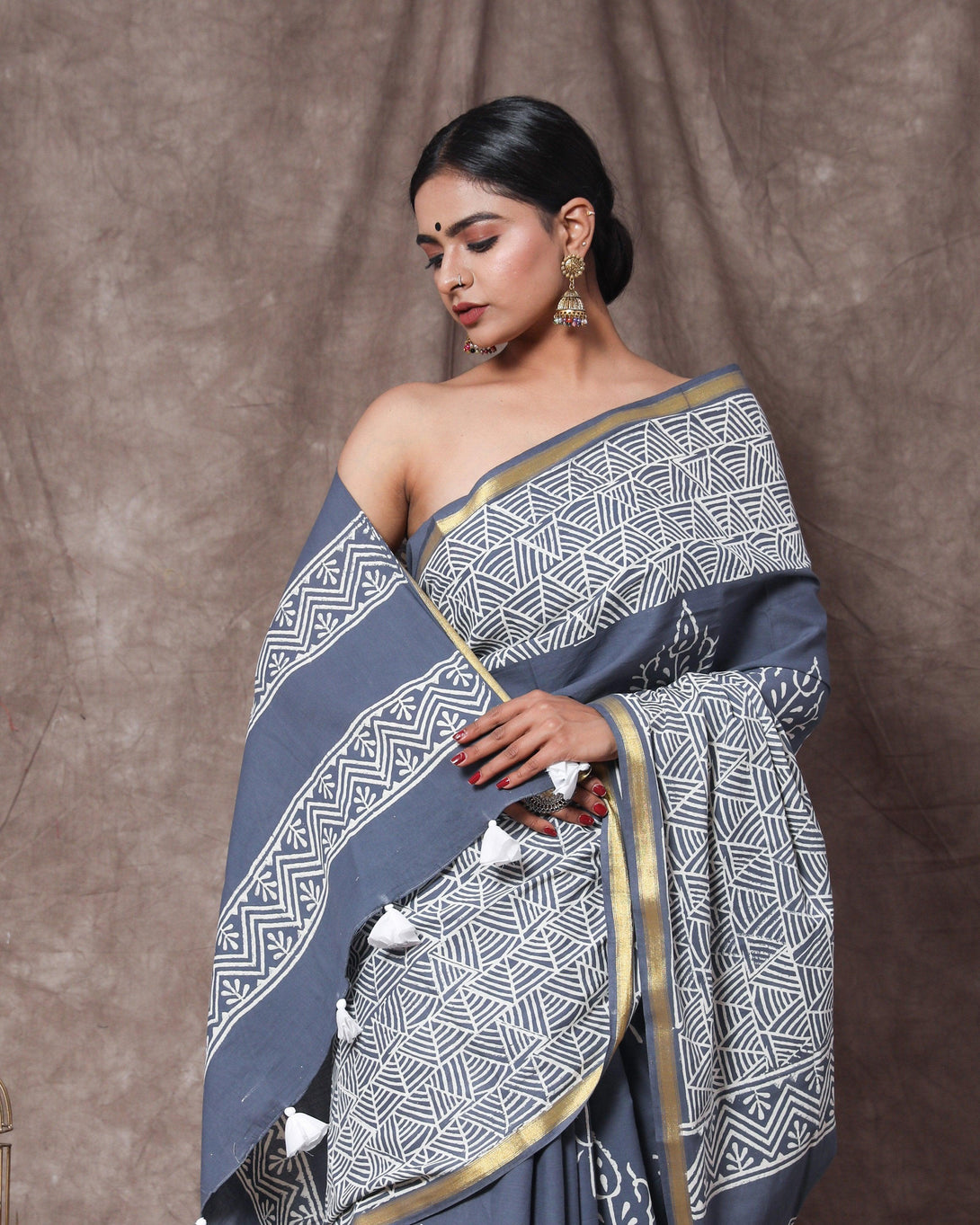 Women's Martin Handblock Cotton Zari Border Saree with Blouse Piece - Baisacrafts - Indiakreations