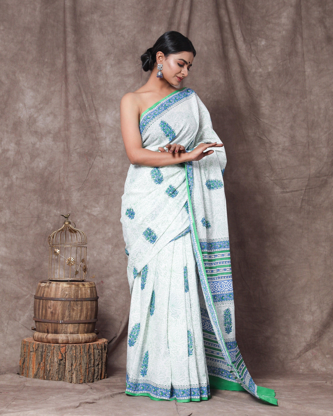 Women's Swaraj Handblock Mul Saree with Blouse Piece - Baisacrafts - Indiakreations