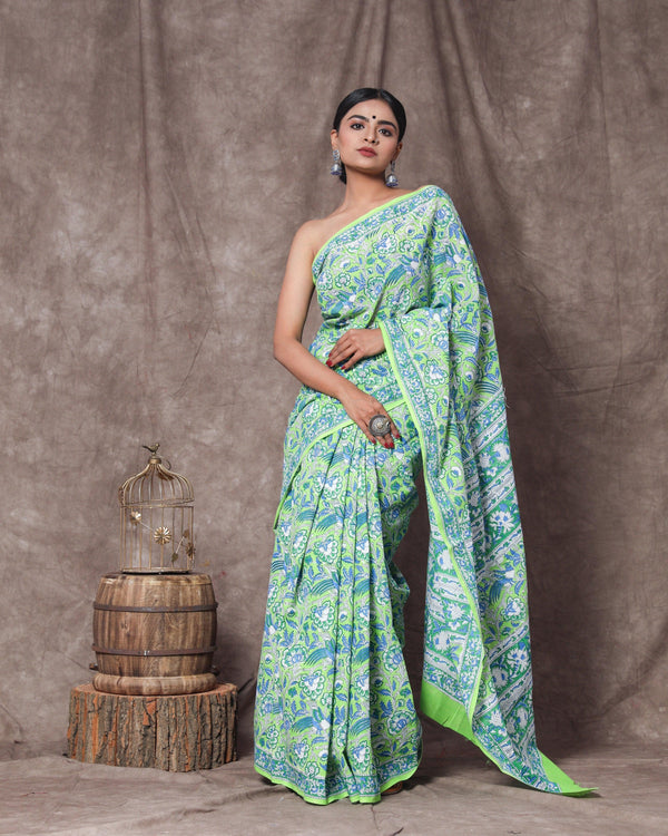 Women's Harmanpreet Handblock Mul Saree with Blouse Piece - Baisacrafts - Indiakreations