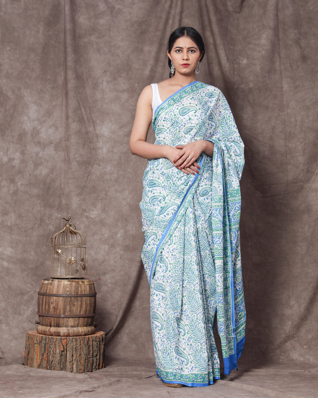 Women's Mansi Handblock Mul Saree with Blouse Piece - Baisacrafts - Indiakreations