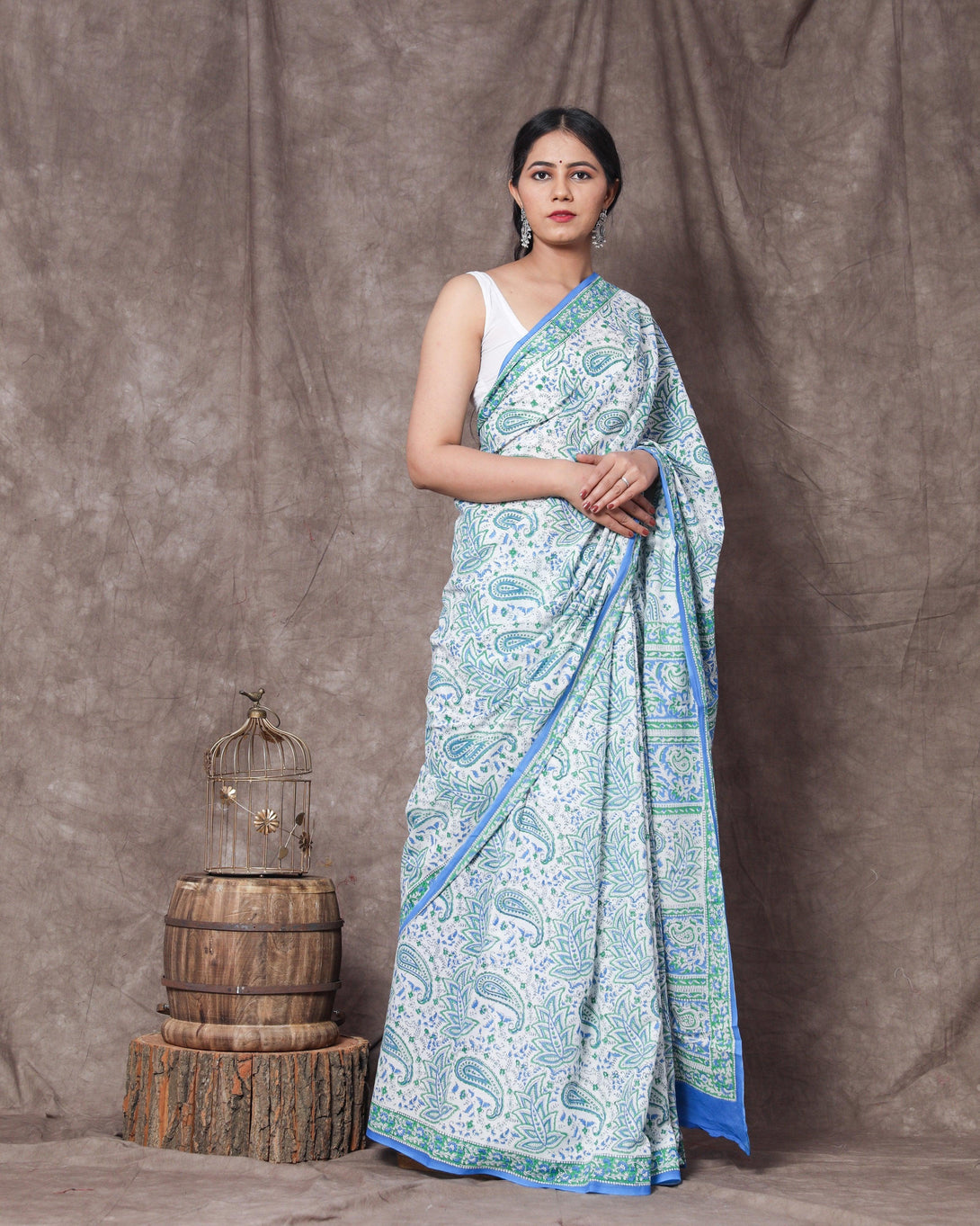 Women's Mansi Handblock Mul Saree with Blouse Piece - Baisacrafts - Indiakreations