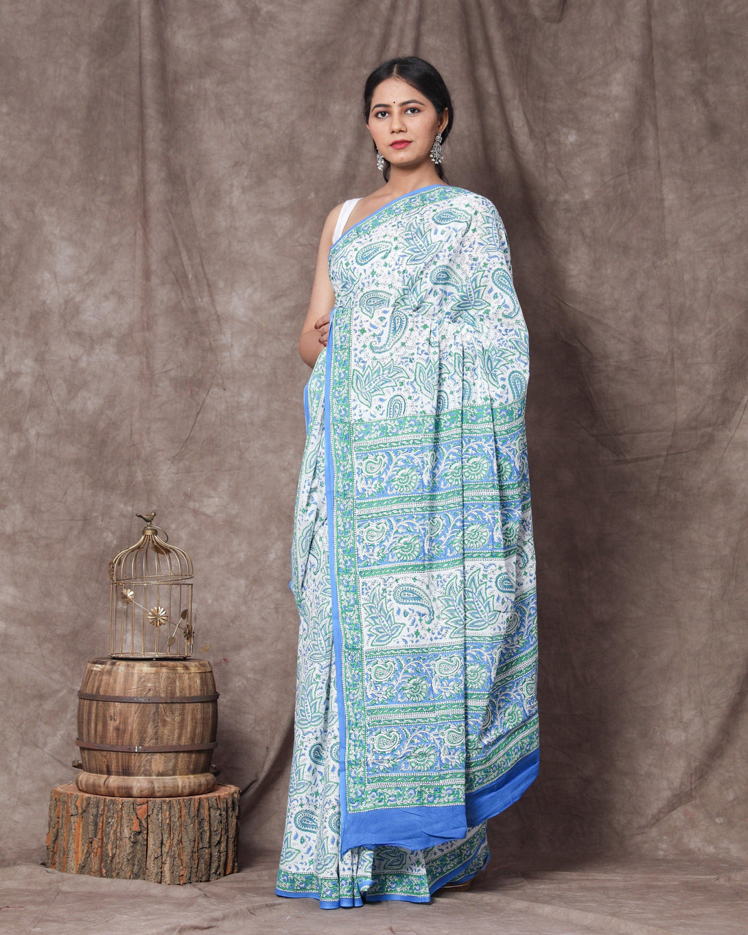 Women's Mansi Handblock Mul Saree with Blouse Piece - Baisacrafts - Indiakreations