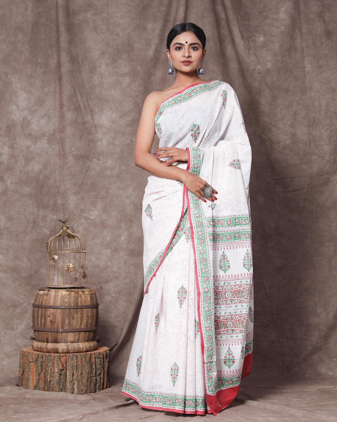 Women's Harleen Handblock Mul Saree with Blouse Piece - Baisacrafts - Indiakreations