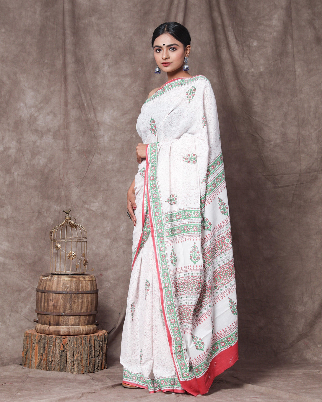 Women's Harleen Handblock Mul Saree with Blouse Piece - Baisacrafts - Indiakreations