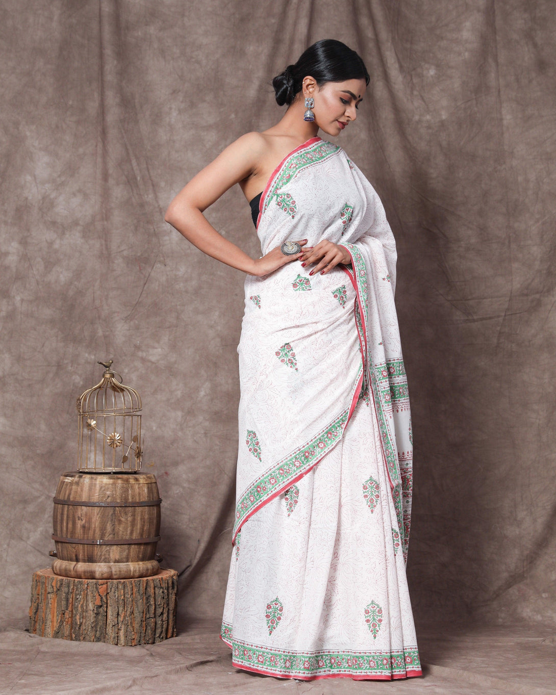 Women's Harleen Handblock Mul Saree with Blouse Piece - Baisacrafts - Indiakreations