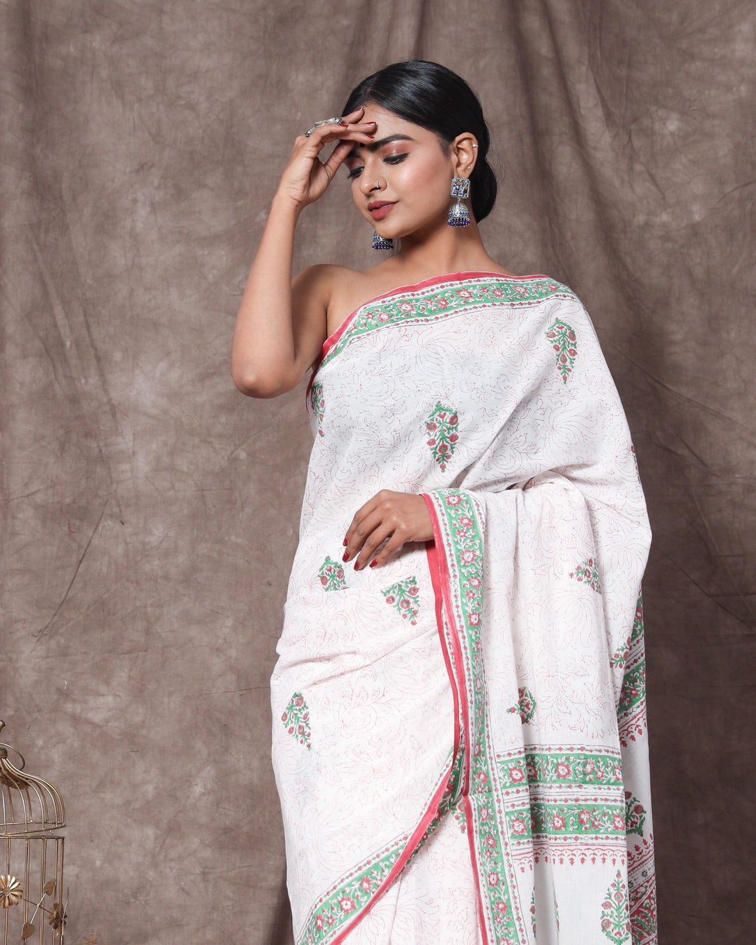 Women's Harleen Handblock Mul Saree with Blouse Piece - Baisacrafts - Indiakreations