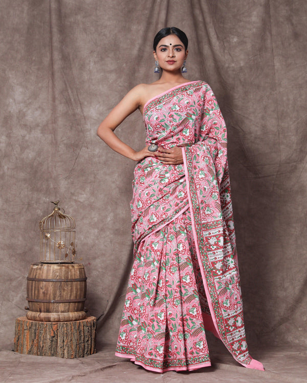 Women's Krishna Handblock Mul Saree with Blouse Piece - Baisacrafts - Indiakreations