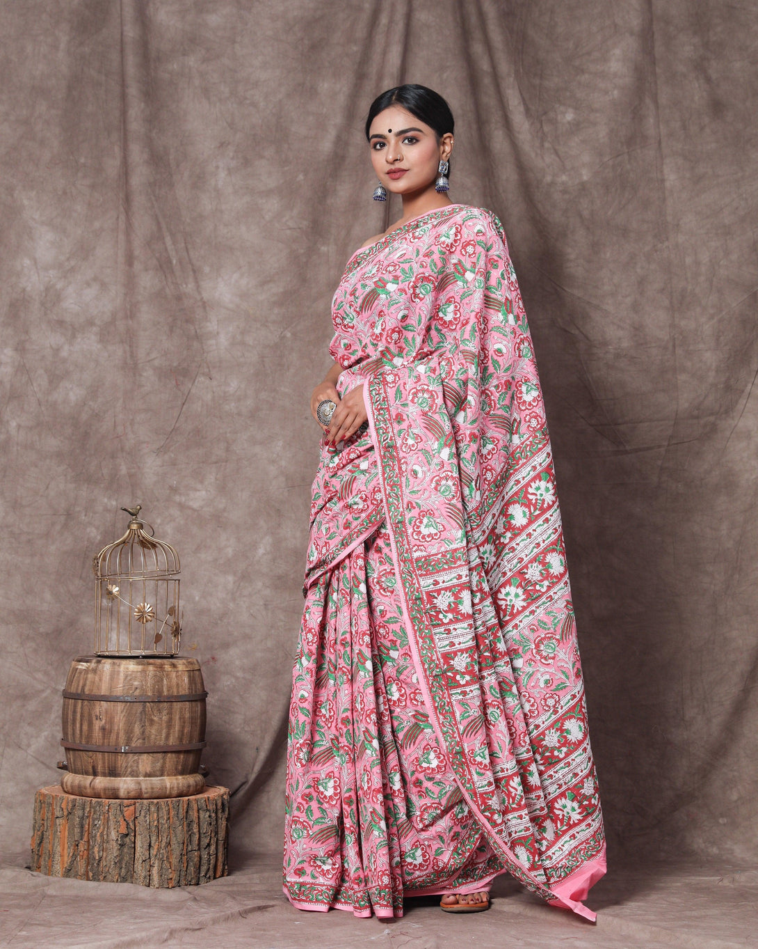 Women's Krishna Handblock Mul Saree with Blouse Piece - Baisacrafts - Indiakreations