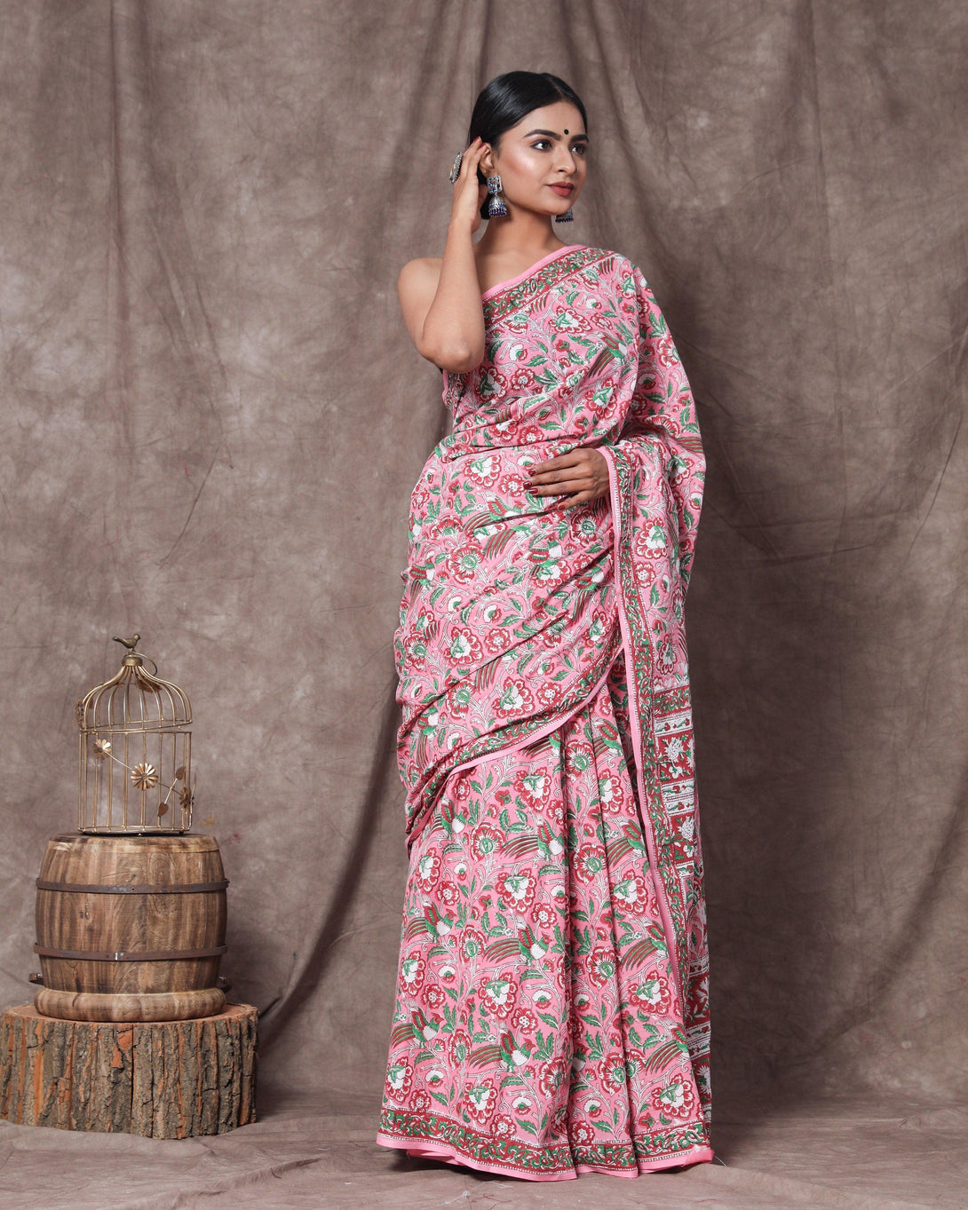 Women's Krishna Handblock Mul Saree with Blouse Piece - Baisacrafts - Indiakreations