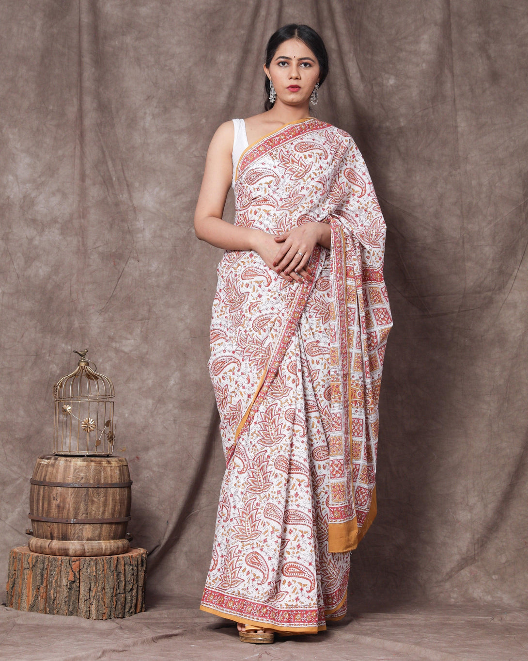 Women's Ekta Handblock Mul Saree with Blouse Piece - Baisacrafts - Indiakreations